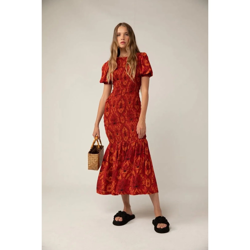 Rue Stiic Isabella Maxi Dress Damask Floral Orange Red Smocked Size L NWT